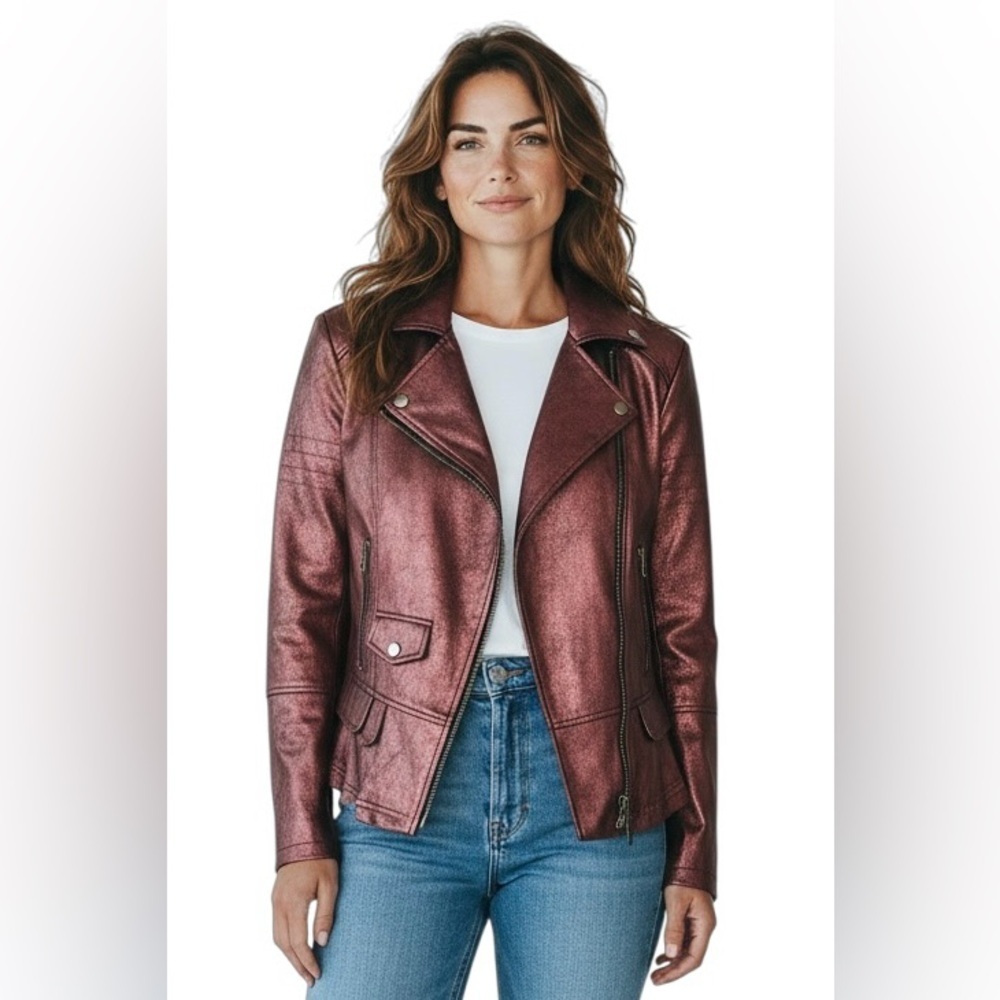 Clara Sunwoo Liquid Leather Jacket S Full Asymmetrical Zip Burgundy Zip Pockets